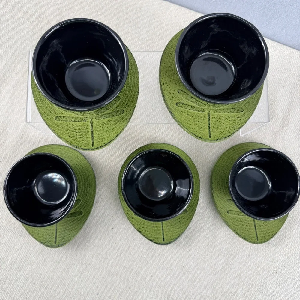 Set of 5 Japanese Cast Iron Dragonfly Tea Cups and Saucers Green Enamel Lining